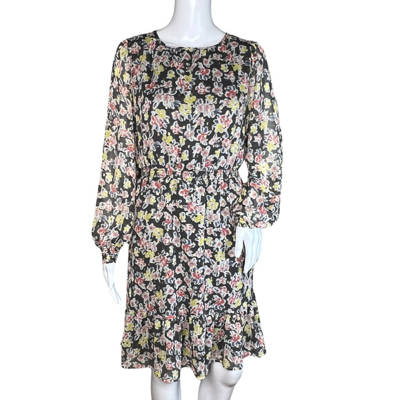 Loft Dress Womens Small Black Pink‎ Floral Flower Gold Shimmer Ruffle Feminine - Picture 1 of 8